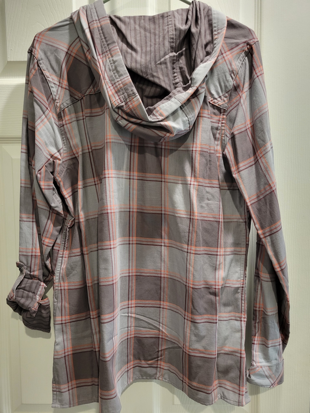Womens L Columbia Blue and Orange Plaid Hooded Long-Sleeve Shirt - Picture 3 of 8